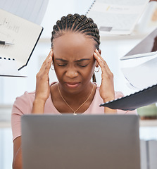 Image showing Stress headache, burnout and black woman overwhelmed with workload at busy office computer. Frustrated, overworked and tired woman with laptop at startup, anxiety from deadline time pressure crisis.
