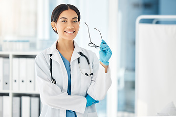 Image showing Research doctor, woman and lab employee ready for science, hospital and clinic work. Portrait of a laboratory, medicine and health worker from India looking happy about expert cardiology job