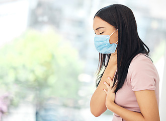 Image showing Covid, mask and woman with sore throat, healthcare and sick at work, chest pain and respiratory problem. Health, virus and illness during pandemic, infection and inflammation with breathe issue.