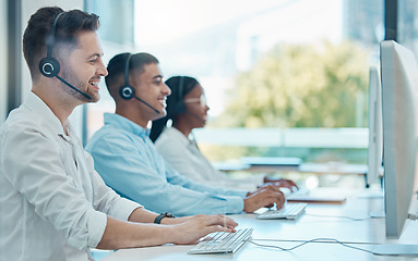Image showing Man, call center and customer service team on computer, online support or workers at the office with headset. Crm, consultants and telemarketing agents consulting at workplace or company workspace.