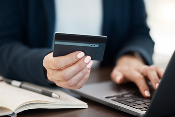 Image showing Ecommerce, online shopping and hands of woman with credit card and laptop at desk with budget in notebook with ux. Online bank payment, checking balance or surfing internet website for discount sale