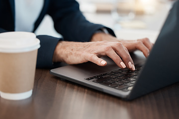 Image showing Laptop, typing and copywriting hands of business woman for website, blog update or social media management with coffee for productivity. Writer with digital marketing, email communication or web post