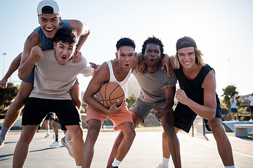 Image showing Basketball, team and friends in fun sports fitness, workout or exercise together on the court in the outdoors. Portrait of happy athletic sport players ready for match, game or training in teamwork