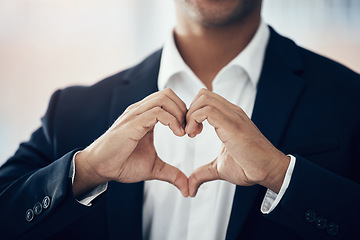 Image showing Businessman, hands and heart for love, thank you or symbol for message, icon or say for relationship. Romantic man with hand sign or voice in hearty shape emoji for loving, care or romance gesture