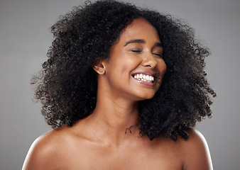 Image showing Black woman, smile and natural beauty of a model with skincare, wellness and healthy body. Happy, cosmetic and skin health of a person with an afro feeling happiness and content smiling with joy