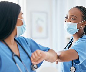 Image showing Elbow greeting, covid nurses and meeting in hospital, clinic and surgery for wellness, medical trust and support. Happy nursing staff employees, face mask and body contact for social distance safety