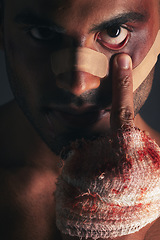 Image showing Fight, blood and face of boxing man with first aid bandage after sports competition, crime conflict or violence. Training, fighting injury and shadow portrait of mma boxer with middle finger gesture