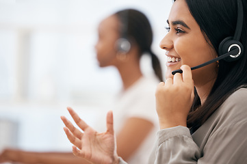 Image showing Call center, smile and consultant talking, consulting and working in crm communication at telemarketing company. Support, happy and face of young customer service worker giving help to people online