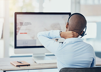 Image showing Woman neck pain, stress and call center health injury, risk and burnout at sales agency computer. Poor office desk ergonomics, joint pain and fatigue, burnout and body problem of telemarketing worker