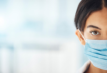 Image showing Covid, face mask and doctor woman with protection, safety or confident with prevention. Portrait, female Indian medical professional or half with facial mask for healthcare, against corona or illness