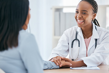 Image showing Happy doctor, holding hands and patient empathy, healthcare or medical trust, hope and faith in therapy, healing and rehabilitation in mental health consulting. Smile hospital worker counseling woman