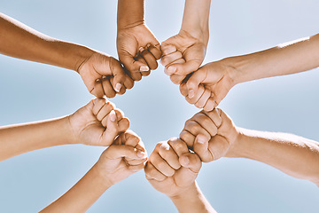 Image showing Support, trust and solidarity fist hands circle with low angle for loyalty, mission and friends with cooperation. Connection, hope and community of people together for social commitment.