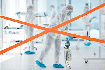 Image showing Covid, warning tape and cleaning team using disinfection spray, ppe and products to clean and stop bacteria, virus or corona in hospital. Healthcare, cleaner and staff for safety during covid 19