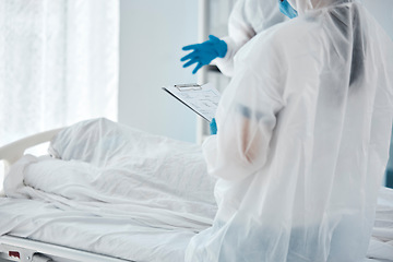Image showing Death, covid and doctors writing paper for patient in a bed at a hospital due to virus. Healthcare, medical and clinic workers with communication, report and help during health crisis in pandemic