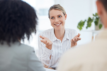 Image showing Teamwork, meeting and leading businesswomen in strategy planning for innovative business idea. Gesture, talking and group in workshop for training collaboration. Office, manager and mentor ideas