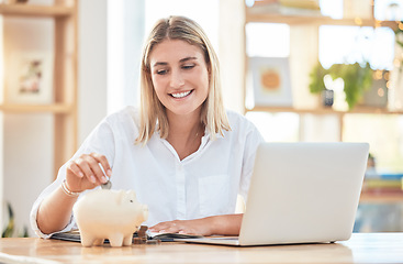 Image showing Finance, piggybank and business woman with money for savings, investment and budget in office at work. Accounting, planning and employee with a financial strategy, insurance and banking with a laptop