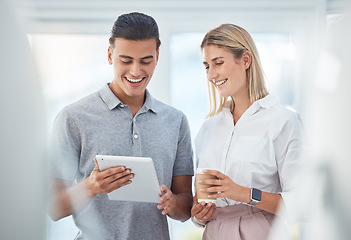 Image showing Tablet, office teamwork and happy business people on coffee break browsing social media. Digital planning, collaboration and group working on tech, research or web surfing, online project or talking.