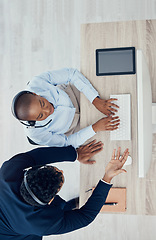 Image showing Training, call center and business people at desk with top view for telemarketing, consulting and customer support. Coaching, learning and help with employee in office for contact us, crm and kpi