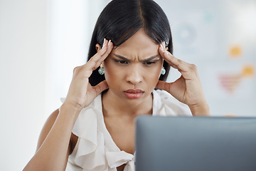 Image showing Stress woman burnout, office computer and tired anxiety headache while working in digital marketing company. Frustrated corporate girl, mental health emergency and depression in advertising workplace