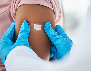 Image showing Plaster on patient arm from doctor, vaccine and flu shot, healthcare and medical insurance for hpv, covid 19 and safety in hospital. Nurse hands bandaid, corona virus immunity and consulting service