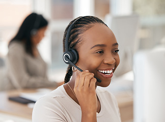 Image showing Black woman, customer support agent and sales employee with a smile working at digital call center or online telemarketing insurance business. Crm consultant at office desk, helping client and happy
