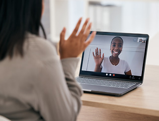 Image showing Women, video call wave and laptop with friends talking and being social online. Female, friendship and video conference or webinar for bonding and talking online for voip communication at home