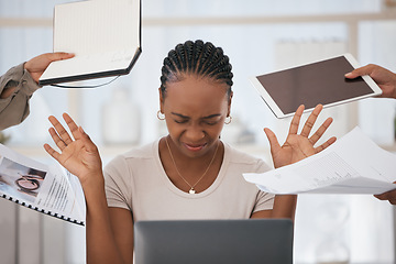 Image showing Black woman, stress and overworked with workload, burnout and anxious at desk with headache. Female worker, assistant and under pressure being upset, with due dates and anxiety for overtime and tired