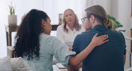 Image showing Marriage, counselling and couple in therapist office giving comfort, care and talking to partner. Man and black woman with social worker or psychologist for problem, support and help in relationship