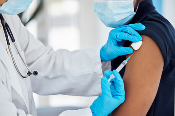 Image showing Covid vaccine, injection and doctor with patient for healthcare consultation, medical service or covid 19 medicine. Corona virus, syringe or protection vaccination for black man at hospital pharmacy