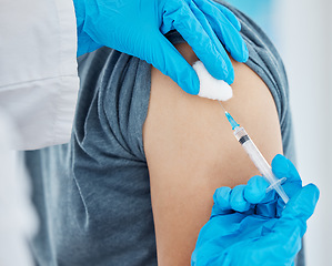 Image showing Medicine, needle and patient getting covid vaccine from nurse at medical clinic during pandemic. Medicine, syringe and closeup of healthcare worker doing an antibody vaccination injection at hospital