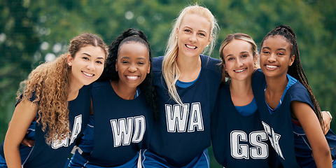 Image showing Sports, teamwork and netball with portrait of women for. training, health and friends. Summer workout and fitness with happy netball player in outdoor playing for games, support and goals together