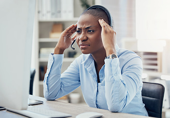 Image showing Stress, call center or sales consultant black woman with telemarketing headache, 404 computer error or burnout depression. CRM, customer support or communication anxiety, networking or mental health