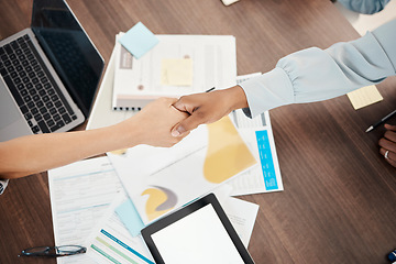 Image showing Handshake, marketing and business people meeting for collaboration, strategy and contract deal at work. Thank you, welcome and corporate employees shaking hands for motivation during a partnership