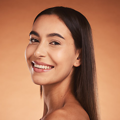 Image showing Woman, smile and natural beauty of a model face with happiness and skincare wellness. Portrait of a facial, cosmetic and healthy skin satisfaction of a happy person after a cosmetic treatment