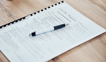 Image showing Document, business contract and pen on paper ready to sign, fill application and signature. Paperwork, report and legal documents for business deal on desk in corporate office with writing stationery