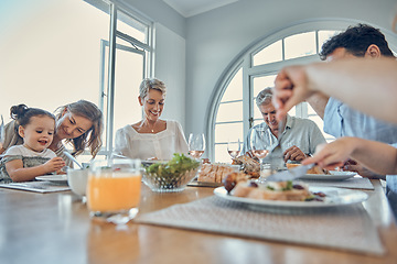 Image showing Eating food together, lunch and happy family bonding, having fun and enjoy quality time in home dining room. Love, happiness and big family of hungry grandparents, parents and child eat brunch buffet