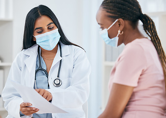 Image showing Doctor, covid mask and woman patient medical results in a health consultation in a clinic office. Diversity of women in a hospital, nurse and healthcare appointment with coronavirus consulting check