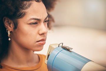 Image showing Protest, angry and megaphone woman for justice, peace or global support, leadership and social equality. Gen z girl fight for politics, leader or human rights movement event in urban city for freedom