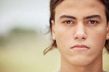 Image showing Sports, baseball and portrait of man with focus, winner mindset and determined for game, competition or match. Wellness, health athlete and mockup face of serious softball player ready for fitness