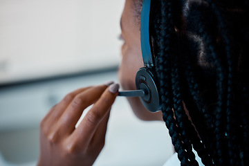 Image showing Call center microphone, black woman and computer for customer service, consulting and contact us advice, help or telemarketing support. Consultant face, sales receptionist or crm communication worker