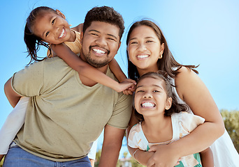 Image showing Black family, smile and outdoor quality time together of a mom, dad and girl children. Happy portrait of a father, mother and kids having fun bonding with a piggy back and happiness in nature