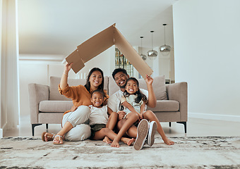 Image showing Family, care and home insurance roof portrait with parents protecting house and children. Cardboard, covering and safety with parents keeping with kids safe. Love, mortgage and family house cover