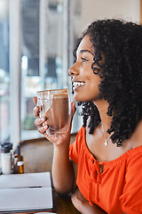 Image showing Coffee shop, thinking and writing with a black woman freelancer drinking a beverage with an idea in mind. Cafe, book and creative with a young female customer enjoying freedom in a restaurant