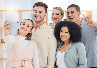 Image showing Selfie, smartphone and business people for startup social media, career profile update and website culture in workplace diversity. Happy, creative and modern office employee team in phone photography