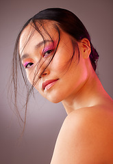 Image showing Skincare, beauty and pink makeup, portrait of woman from Japan, neon eyeshadow on face. Health, luxury and edgy fashion, creative skin care product treatment and healthy cosmetic glow on asian girl.