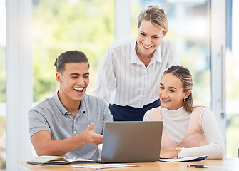 Image showing Laptop, website and business people collaboration, teamwork and planning together for project, marketing strategy and analytics report.Excited corporate worker reading email feedback or online profit