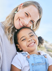 Image showing Adoption, mother and girl smile, happy and bonding together on weekend break, loving and holiday. Diversity, portrait and foster mama with adopted kid love, have fun and playful for summer vacation.