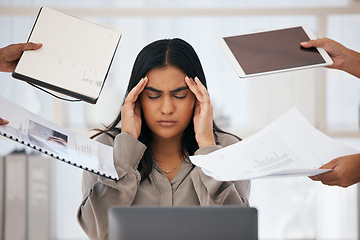 Image showing Stress, headache and burnout of business woman, overworked or overwhelmed by deadline or employees on office computer. Mental health, multitasking and frustrated female depressed in toxic workplace