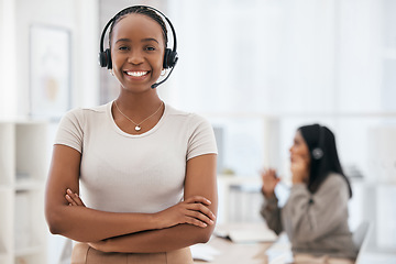 Image showing Happy black woman, call center agent and customer support staff in online, digital sales and telemarketing office. Service with a smile, crm consultant and online shopping customer service employee