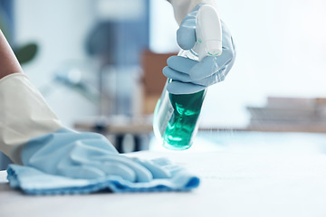 Image showing Cleaner, dust and hands cleaning furniture and dirty floor with gloves liquid soap product in a spray bottle and cloth. Safety, cleaning services and worker working hard to wash a messy table or desk